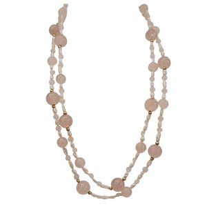 14K Yellow Gold Rose Quart, Rice Pearl Double Strand Necklace, 17" Long K794